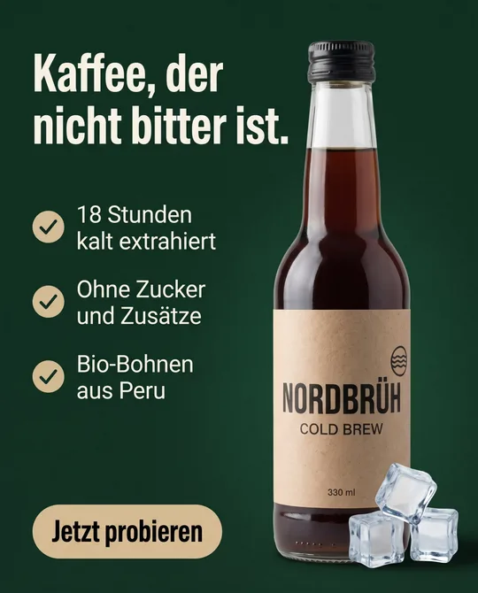 Erzeugte Anzeige auf tannengrünem Grund: links Überschrift Kaffee, der nicht bitter ist, drei Vorteile mit Häkchen und Button Jetzt probieren, rechts die Flasche mit Eiswürfeln