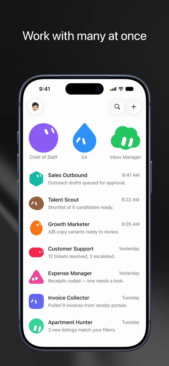 Grok Bot auf dem iPhone: Liste der Bots mit Namen wie Chief of Staff, EA und Inbox Manager, darunter Aufgaben mit Uhrzeit