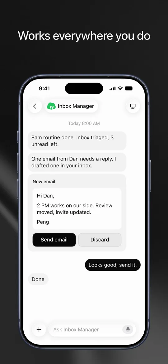 Chat mit dem Bot Inbox Manager: Der Bot hat eine E-Mail entworfen und zeigt die Buttons Send email und Discard