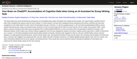 arXiv-Seite des Preprints „Your Brain on ChatGPT: Accumulation of Cognitive Debt when Using an AI Assistant for Essay Writing Task“