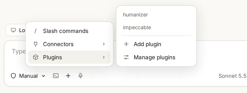 Geöffnetes Plus-Menü im Code-Tab mit Slash commands, Connectors und Plugins, daneben das Untermenü mit installierten Plugins, Add plugin und Manage plugins