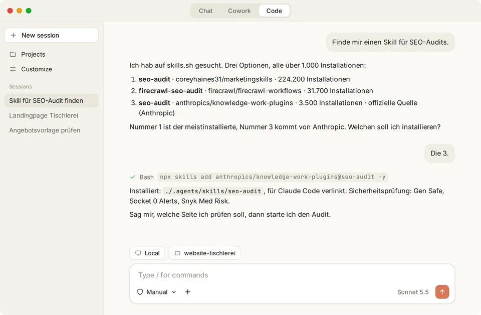 Claude Code in der Claude-App: Auf „Finde mir einen Skill für SEO-Audits“ listet Claude drei Skills mit Installationszahlen und installiert den gewählten