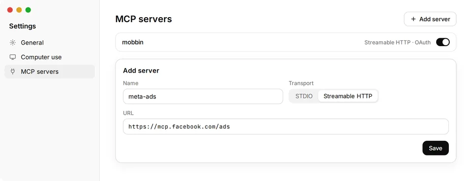 ChatGPT-Desktop-App, Settings, MCP servers: Formular Add server mit Name meta-ads, Transport Streamable HTTP und URL https://mcp.facebook.com/ads