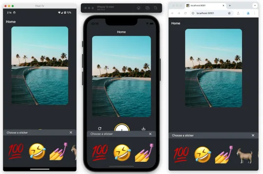 Dieselbe App auf Android, iPhone und im Browser: ein Foto mit Palmen am Wasser und darunter eine Auswahl von Emoji-Stickern