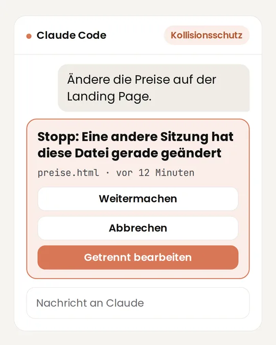 Claude-Code-Chat mit Warnung: Eine andere Sitzung hat preise.html vor 12 Minuten geändert, dazu die Buttons Weitermachen, Abbrechen und Getrennt bearbeiten