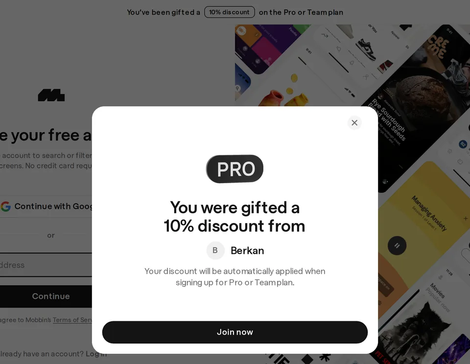 Mobbin-Seite nach Klick auf Berkans Empfehlungslink: Dialog You were gifted a 10% discount from Berkan, der Rabatt gilt für Pro oder Team