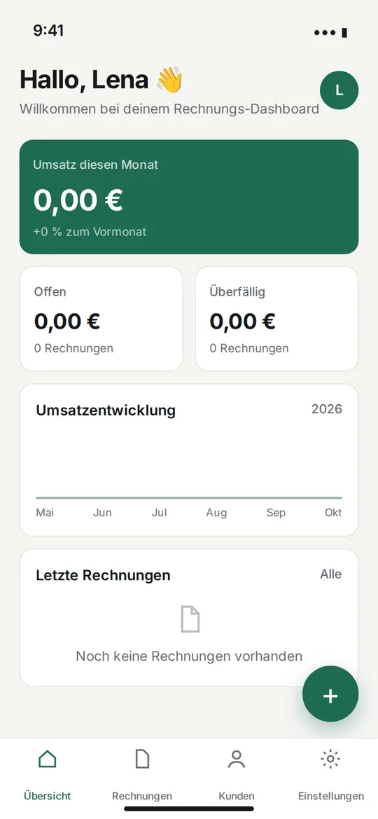 Version ohne Vorbilder: Startbildschirm einer Rechnungs-App mit Begrüßung, drei Kennzahlen mit 0,00 Euro, leerem Umsatzdiagramm und dem Hinweis Noch keine Rechnungen vorhanden