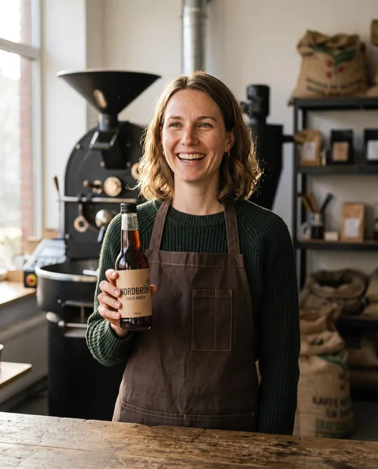 Dieselbe Frau lachend hinter dem Tresen einer Kaffeerösterei, in der Hand eine Flasche Nordbrüh Cold Brew