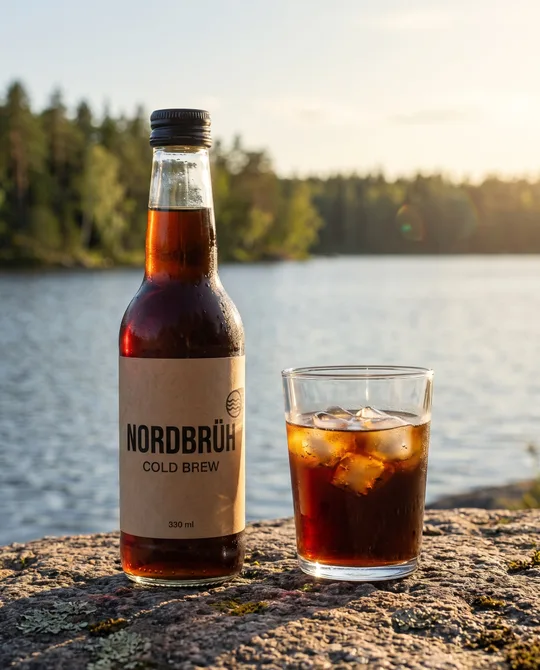 Dieselbe Flasche auf einem Felsen am See im Abendlicht, daneben ein Glas mit Eis