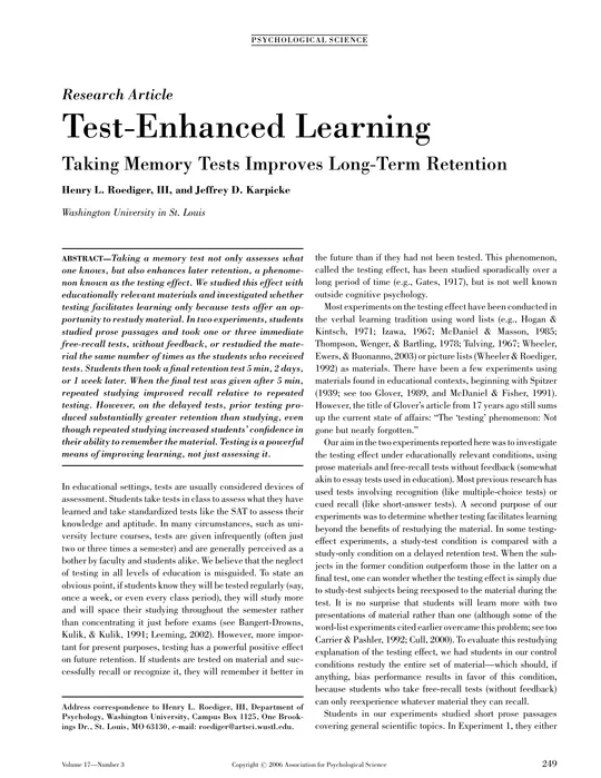 Erste Seite des Papers „Test-Enhanced Learning: Taking Memory Tests Improves Long-Term Retention“ von Roediger und Karpicke