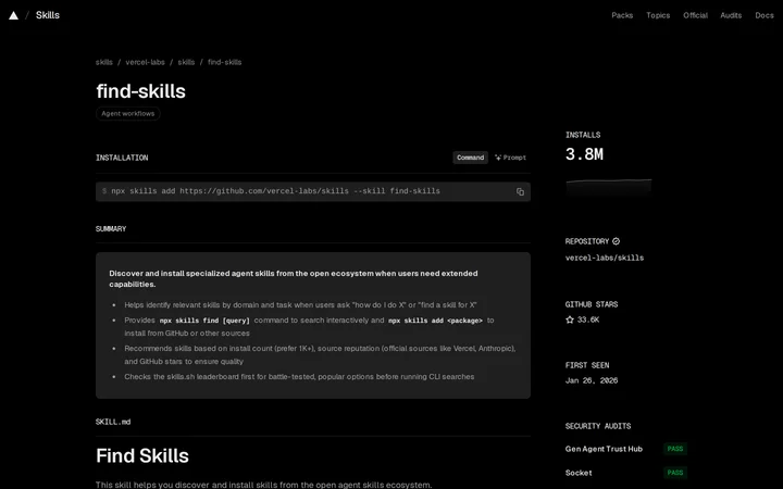 Die Seite von Find Skills auf skills.sh: Installationsbefehl, 3,8 Mio. Installationen, Zusammenfassung, Repository vercel-labs/skills, Sicherheitsprüfungen