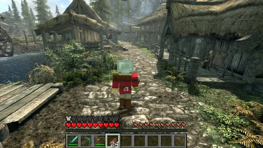 Ein Minecraft-Spieler mit Lebensanzeige und Hotbar läuft auf einem gepflasterten Weg durch das Dorf Flusswald aus Skyrim