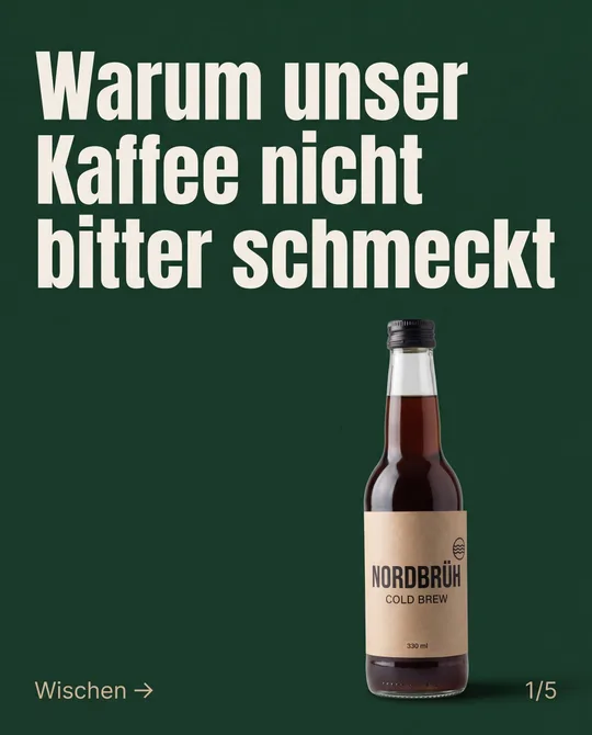 Slide 1 von 5: Überschrift Warum unser Kaffee nicht bitter schmeckt, darunter die Flasche