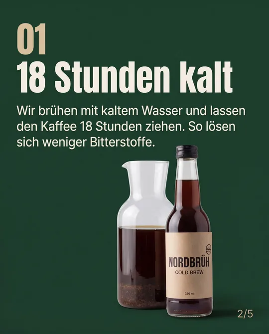 Slide 2: 01, 18 Stunden kalt, kurzer Text, Karaffe und Flasche
