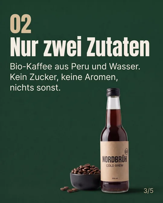 Slide 3: 02, Nur zwei Zutaten, kurzer Text, Kaffeebohnen und Flasche