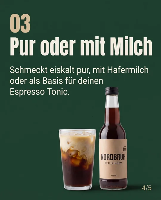 Slide 4: 03, Pur oder mit Milch, kurzer Text, Glas mit Hafermilch und Flasche