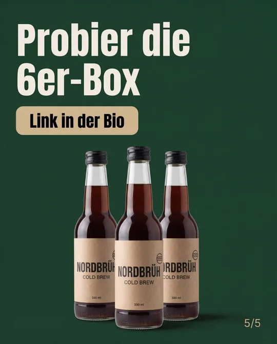 Slide 5: Probier die 6er-Box, Button Link in der Bio, drei Flaschen