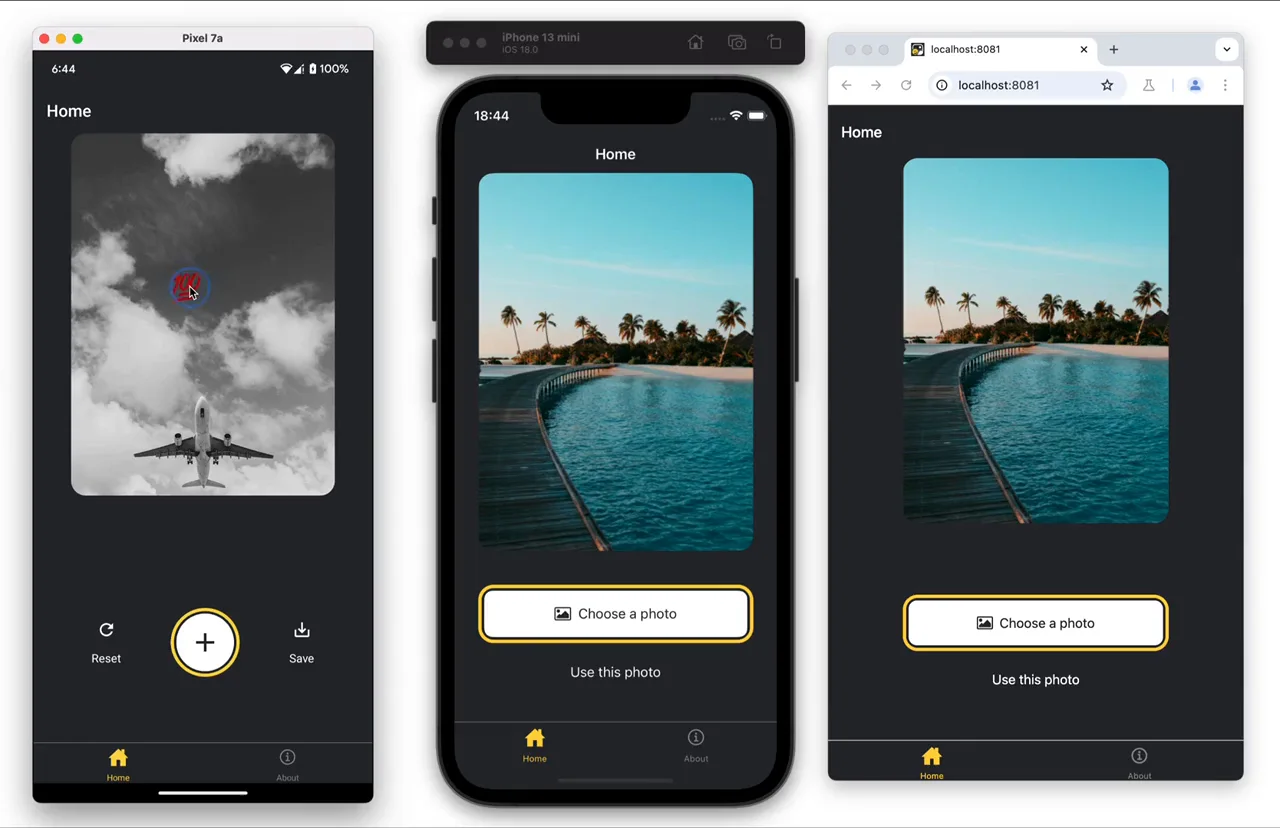 Eine App für Handys auf drei Bildschirmen gleichzeitig: im iOS-Simulator, im Android-Emulator und im Browser. Man wählt ein Foto, setzt einen Emoji-Sticker darauf und speichert das Ergebnis.