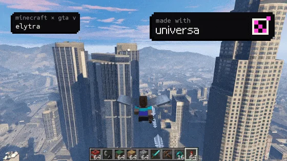 Kurzer Clip mit sechs echten Mods: Minecraft-Spieler gleitet mit Elytra durch das Los Santos aus GTA V, der Nether breitet sich über Los Santos aus, Minecraft-Mobs kämpfen gegen die Polizei, ein Warthog aus Halo fährt durch Minecraft, Zombies aus World at War stehen in Minecraft